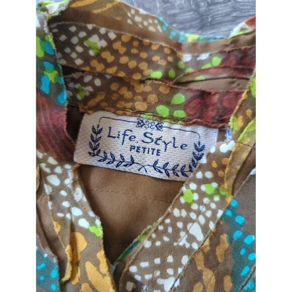 LifeStyle Petite Floral Boho Top Small Brown Blue Red - Picture 2 of 11